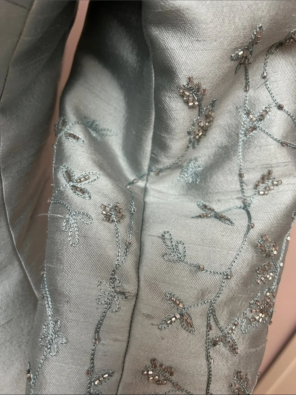 VTG Lillie Rubin Silver-Green Silk Wool Embroidered Skirt Suit set sz 6